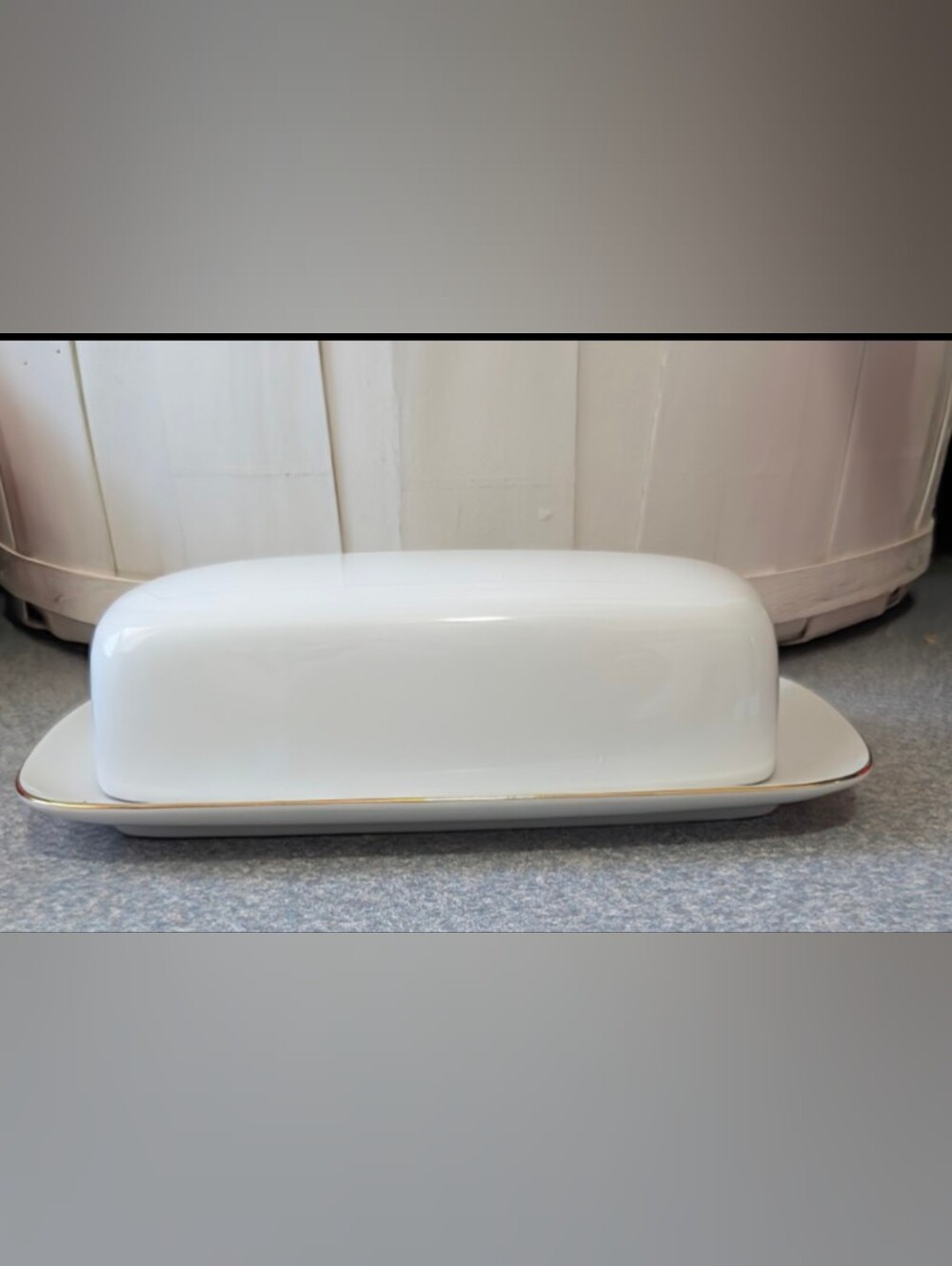 Vintage Porcelain White Covered Butter Dish with Gold Trim NOS